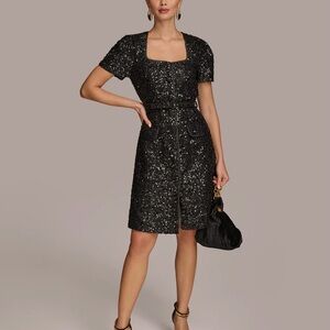 Donna Karen SQUARE NECK SEQUIN A LINE DRESS